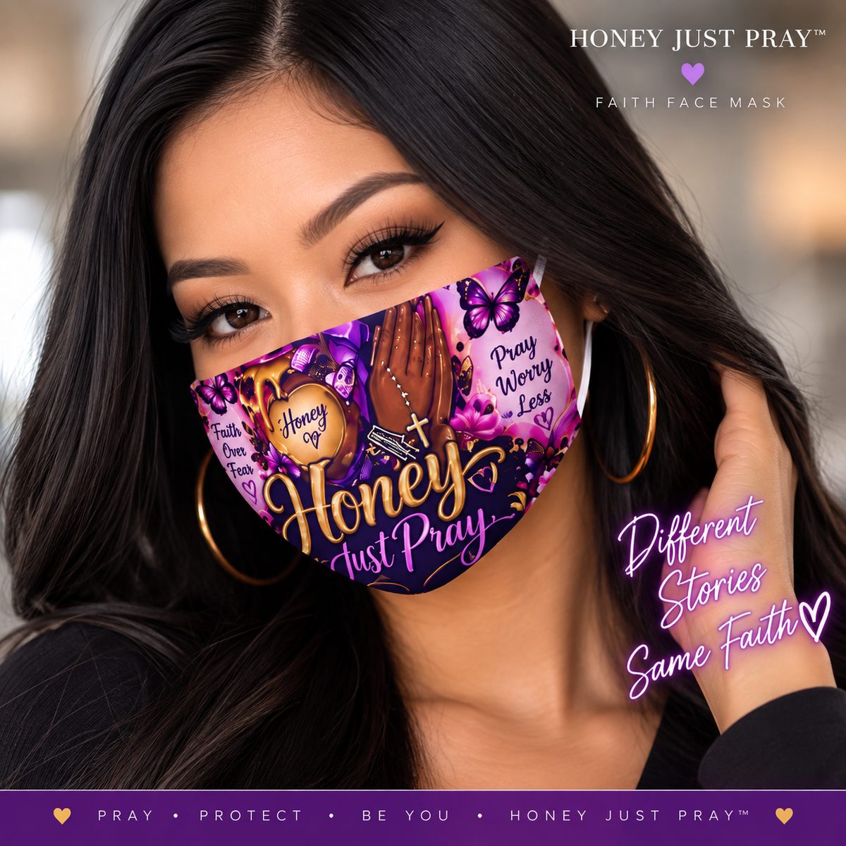 Asian woman wearing Honey Just Pray Faith Face Mask