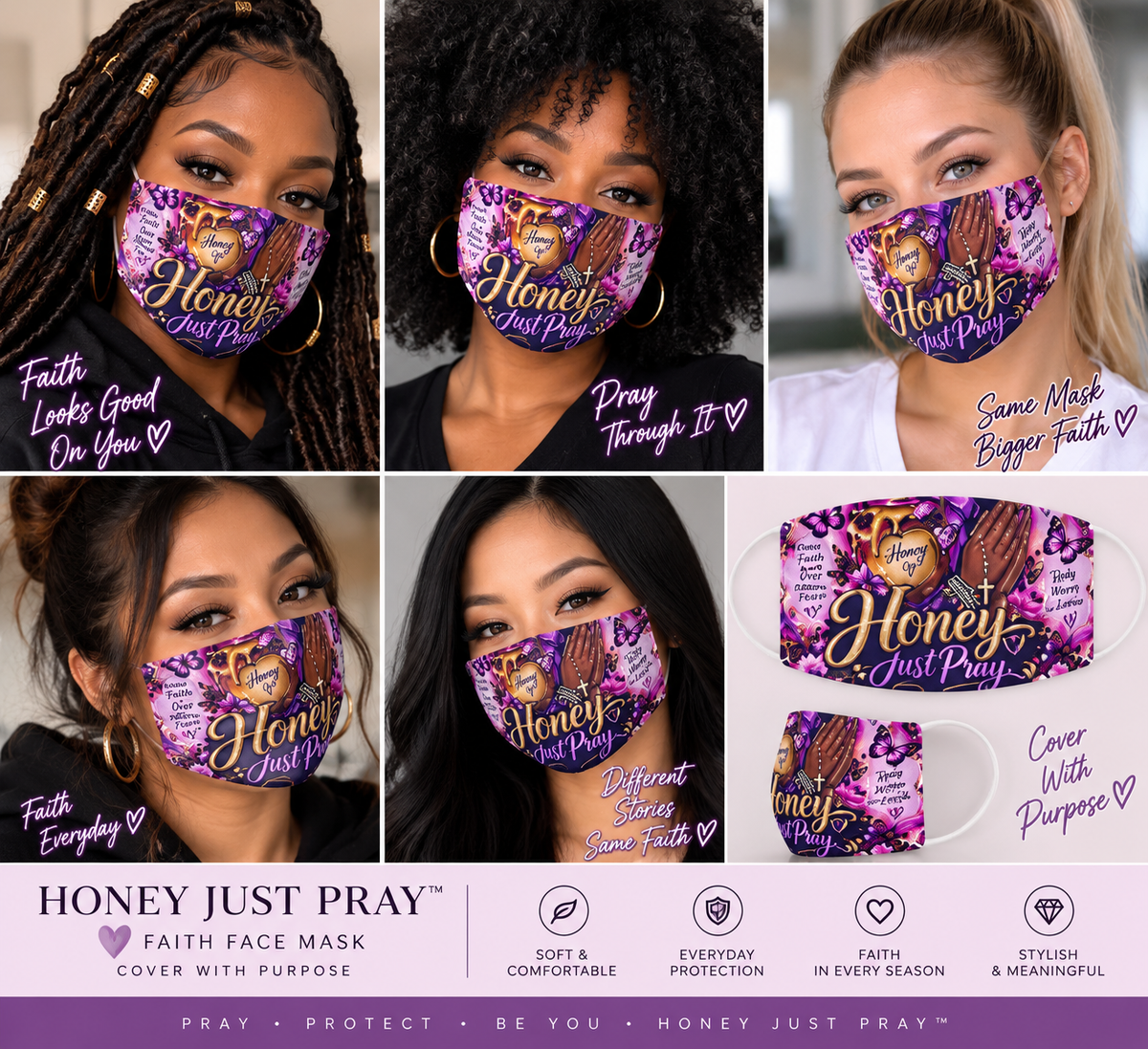 Women modeling the Honey Just Pray Faith Face Mask