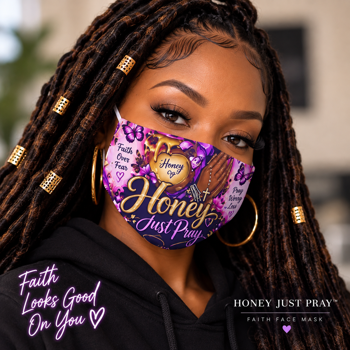 Woman with locs wearing Honey Just Pray Faith Face Mask