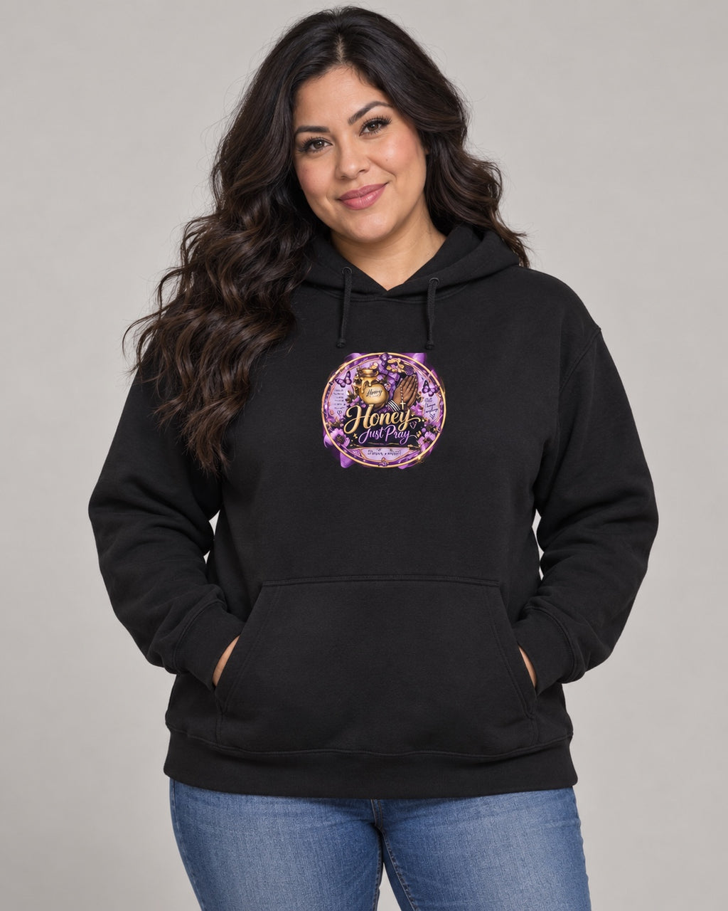 Model wearing black Honey Just Pray Signature Hoodie