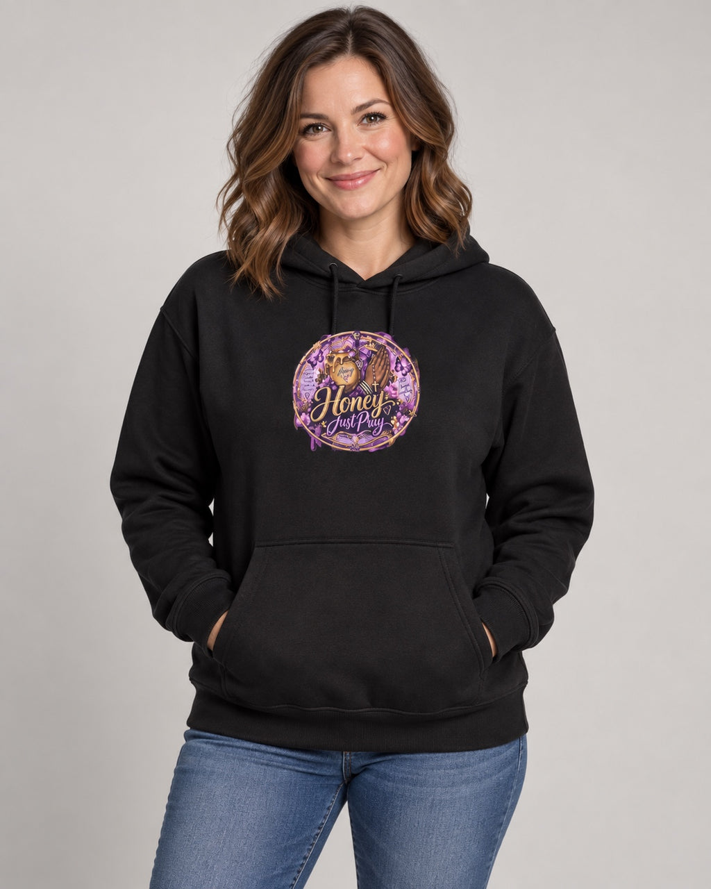 Model wearing black Honey Just Pray Signature Hoodie