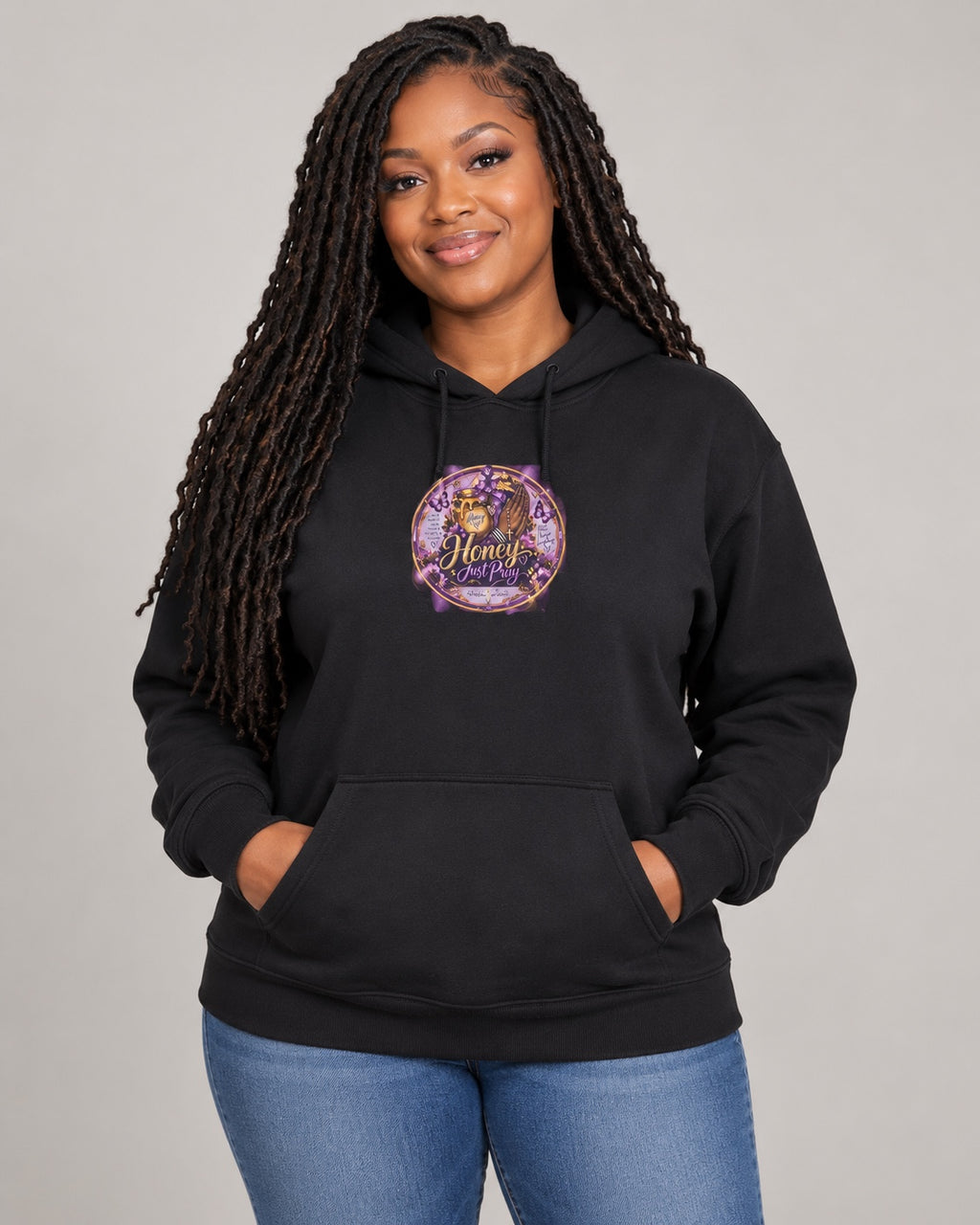 Model wearing black Honey Just Pray Signature Hoodie