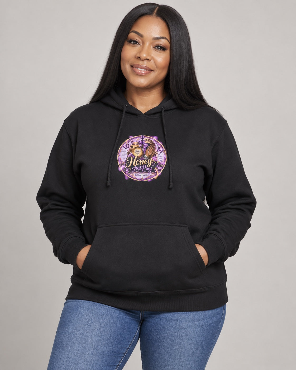 Model wearing black Honey Just Pray Signature Hoodie